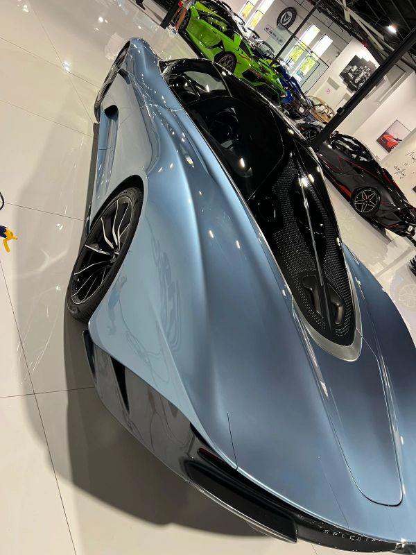 Pale blue McLaren Speedtail viewed from above the rear, showing its tinted canopy glass